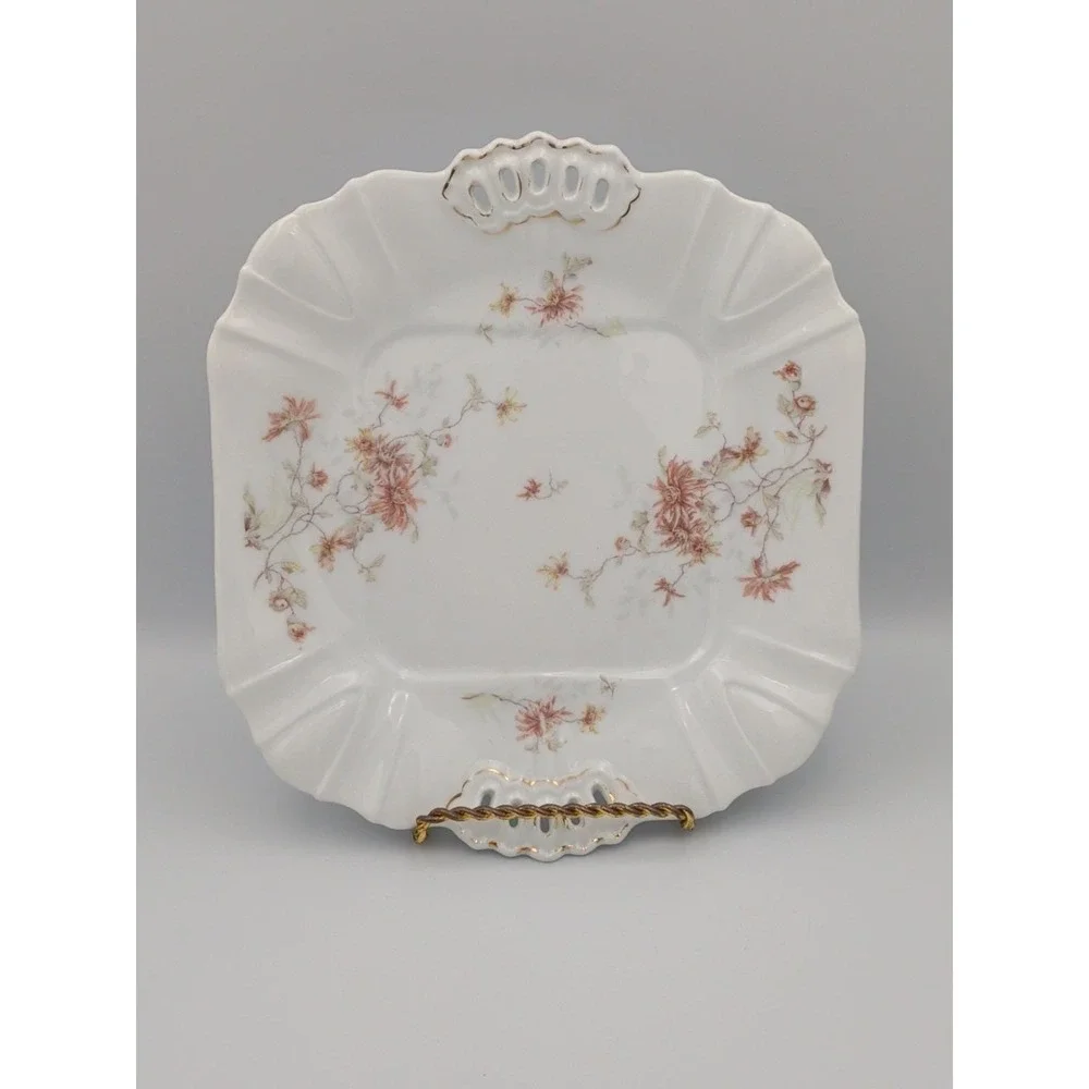 Vintage Leonard Vienna, Austria Porcelain Serving Plate, Floral w Cutout Handles